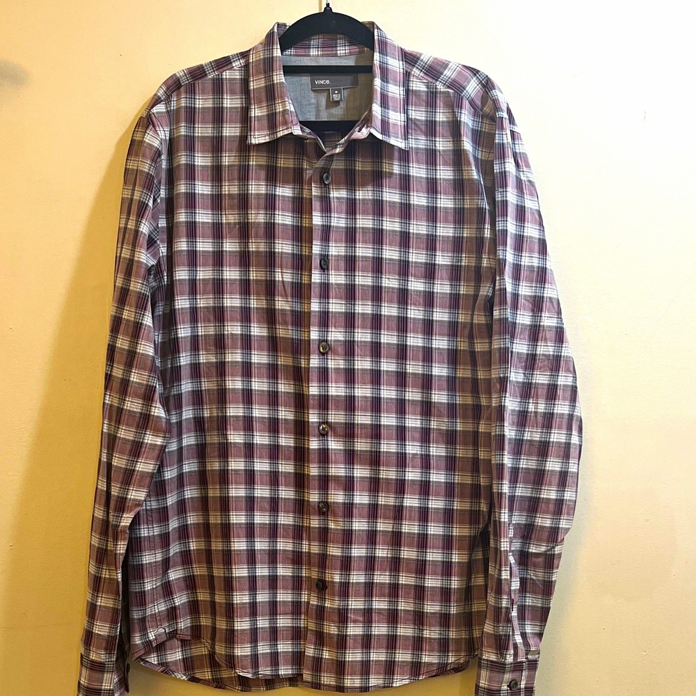 Vince. Men's M Burgundy/White/Gray Plaid Cotton Long Sleeve Button-Up Shirt